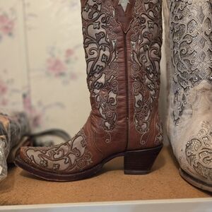 Embellished Brown Leather Western Boots - Women's
